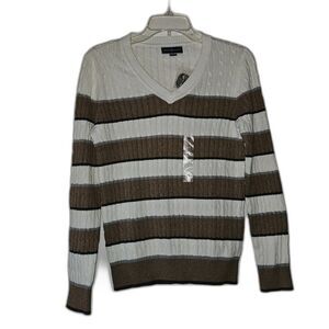 KAREN SCOTT V Neck Preppy Striped Cable Sweater XS NWT